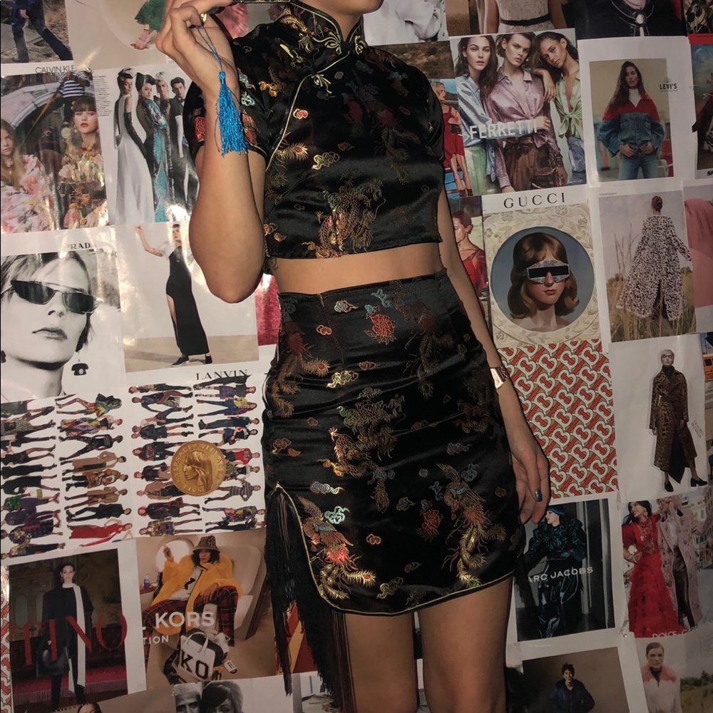 Cheongsam silk short crop top skirt  set